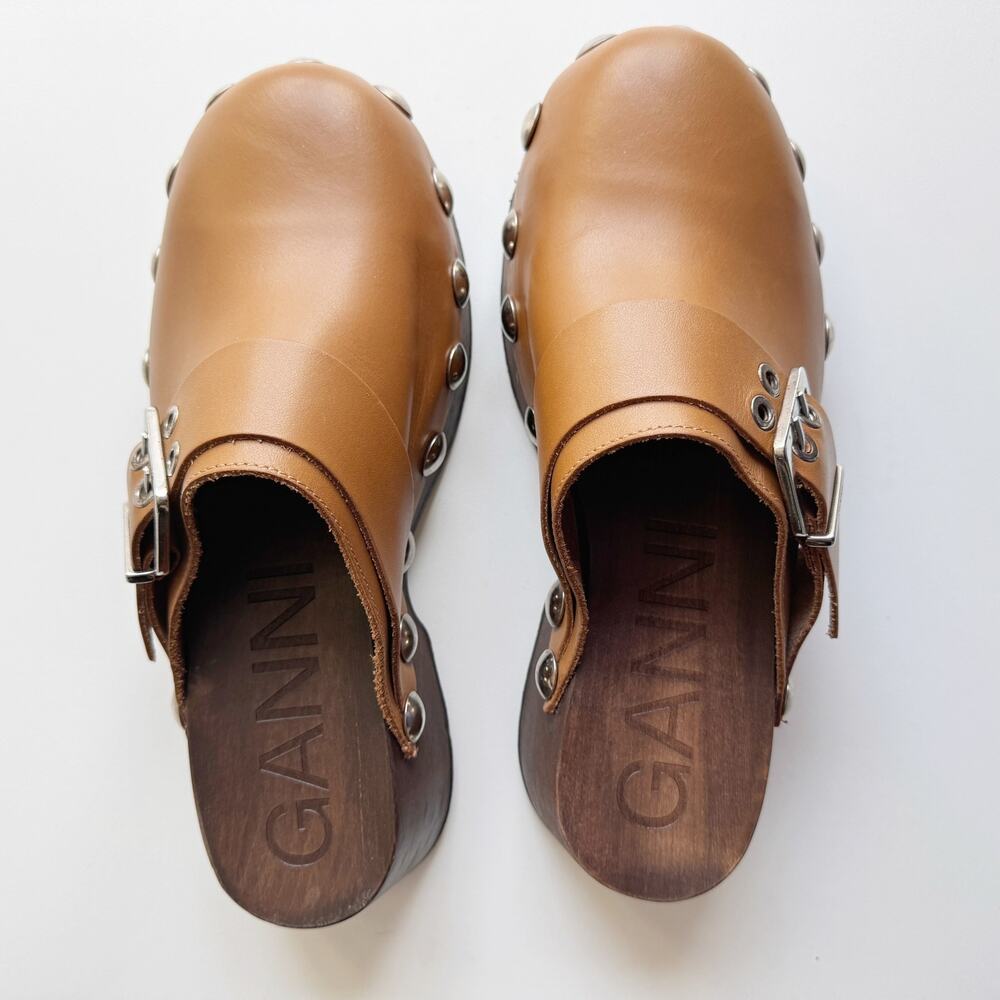 GANNI Retro Leather Studded Platform Clog Mules in Tiger Eye Brown Size 40/10 - Picture 5 of 8